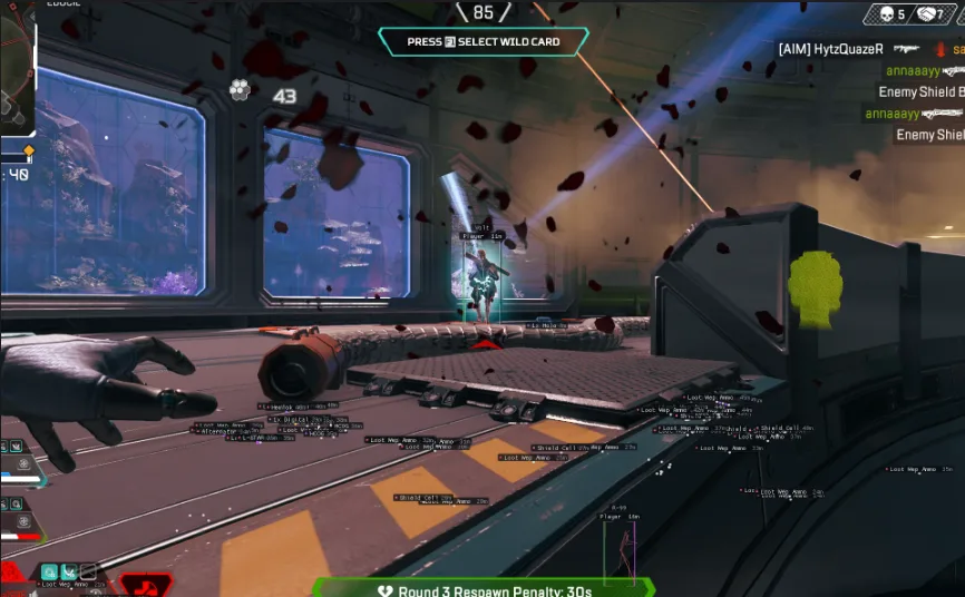 Apex Legends loot ESP cheat screenshot with item labels and enemy wireframes after a clean loader run on Windows